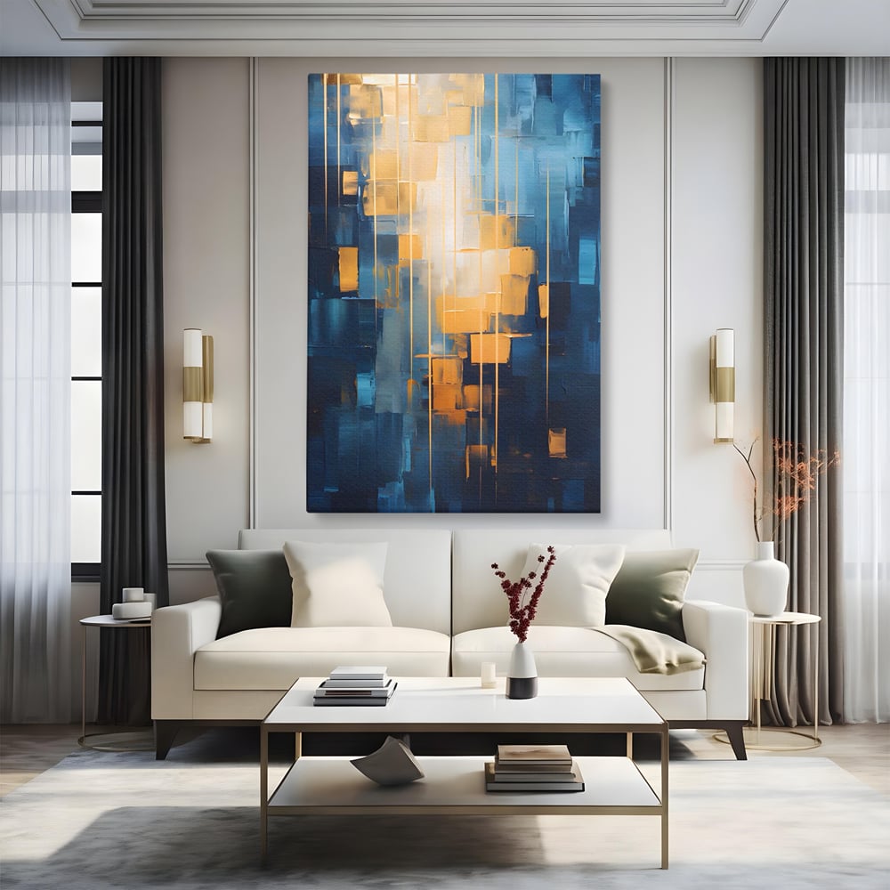 Tablou canvas cu pictura abstracta cu linii aurii, fara rama, pe sasiu de lemn, pe perete intr-un living